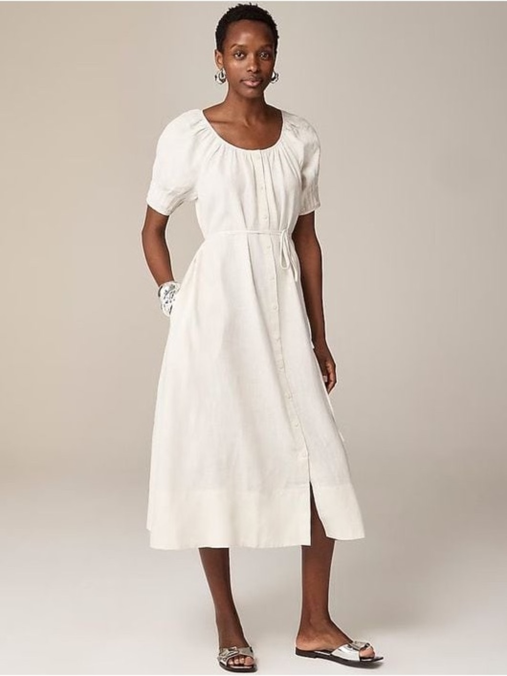 J. Crew Button-up Linen Midi Dress Natural Size Large Pockets Belt Minimalist